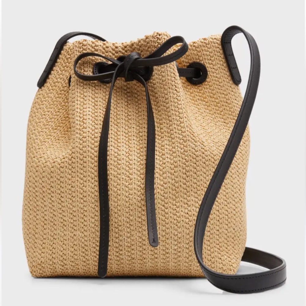 Woven Drawstring Bucket Bag with Black Trim